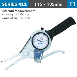 INT. DIAL CALIPER GAUGE 115-135MM 0.04MM ACC. 0.01MM GRAD. JAW LENGTH